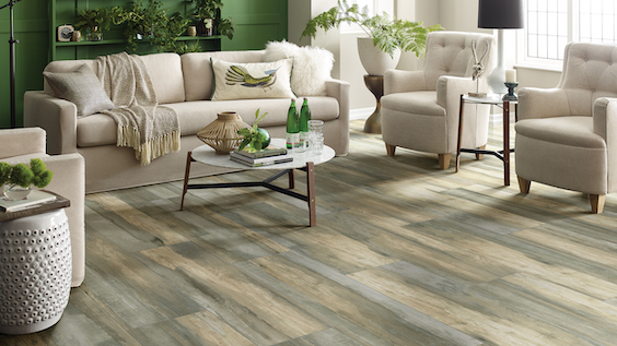 rustic wood look tile flooring in a living room